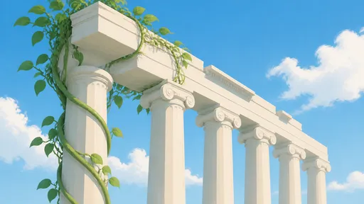 Green strangler fig vines winding around a sunlit row of Greek temple columns