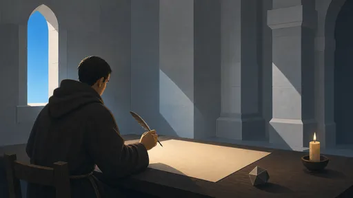 A robed scribe pauses with a quill over blank parchment in a gray stone room with a blue arched window.