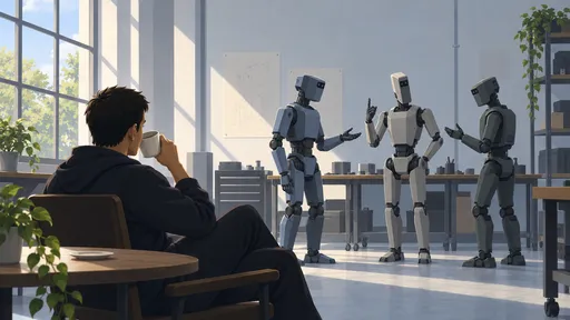A man drinks coffee in the foreground while three robots gesture to one another in a sunlit workshop.