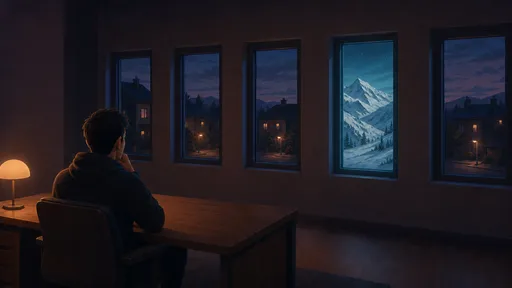 A person at a desk faces five evening windows, one opening onto a blue-lit snowy Alpine slope.