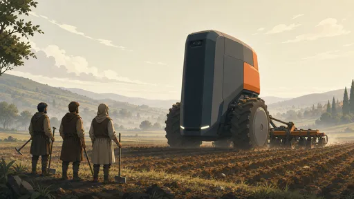 Medieval farmers with hoes face a towering autonomous tractor across a misty cultivated field.