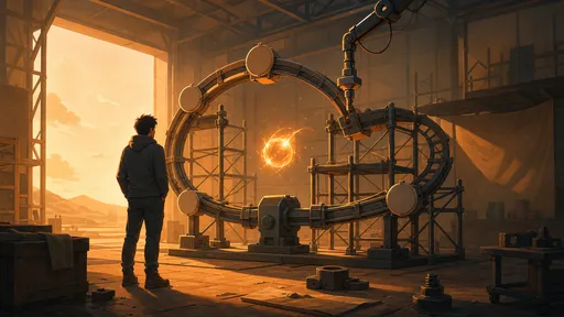 A person stands in a warm workshop facing a machine that holds a glowing spark.